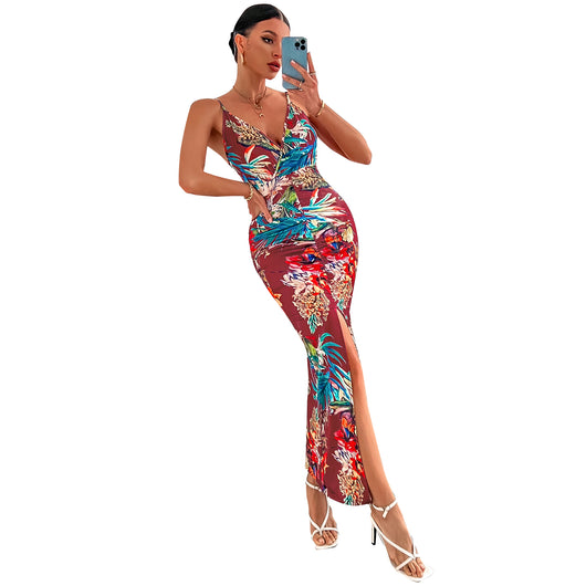 Vestido Suspender Slim Estampado Cuello V Europeo Americano para Mujer - Image 4