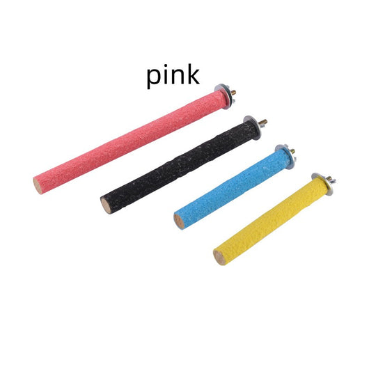 Four colorful frosted bird perches in red, black, blue, and yellow, with metal attachments for bird cages. - Image 2