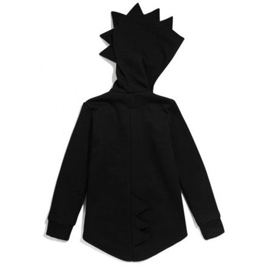 Lime green kids' hooded jacket with dinosaur spikes on the hood, full zipper, long sleeves, and front pockets. - Image 3