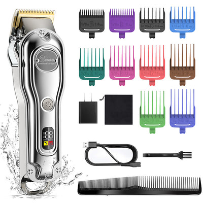 Hatteker professional electric hair clipper with gold blade, LED display, 10 colorful guide combs, USB cable, comb, and cleaning brush. - Image 8