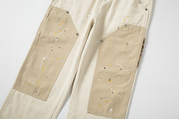 Pantalones Casuales Khaki con Diseño Patchwork y Salpicaduras de Tinta