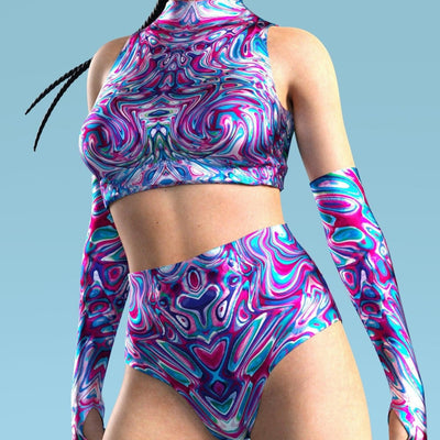 Traje de Baño Manga Larga Estampado Cuello Alto con Tirantes