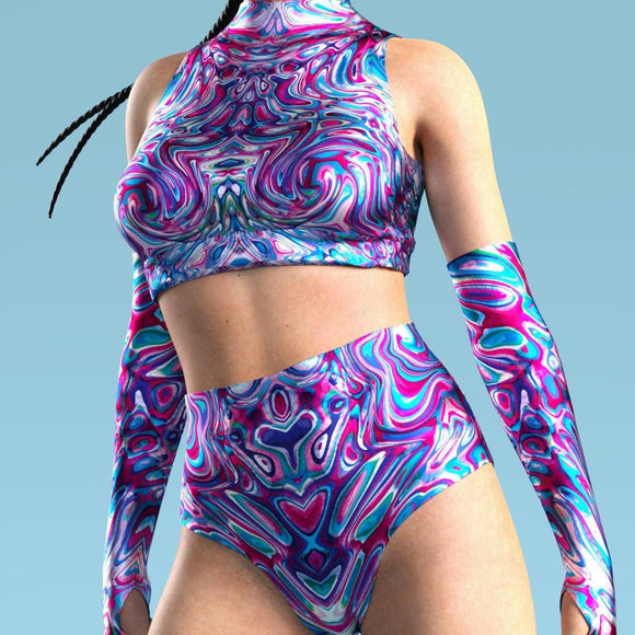 Traje de Baño Manga Larga Estampado Cuello Alto con Tirantes