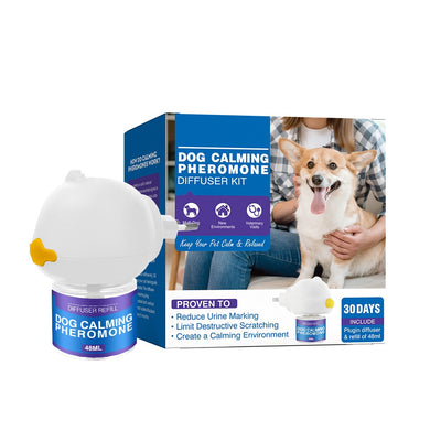 Cat Calming Pheromone Diffuser Kit with a white plug-in diffuser and a green refill bottle, next to its green and white box. - Image 25