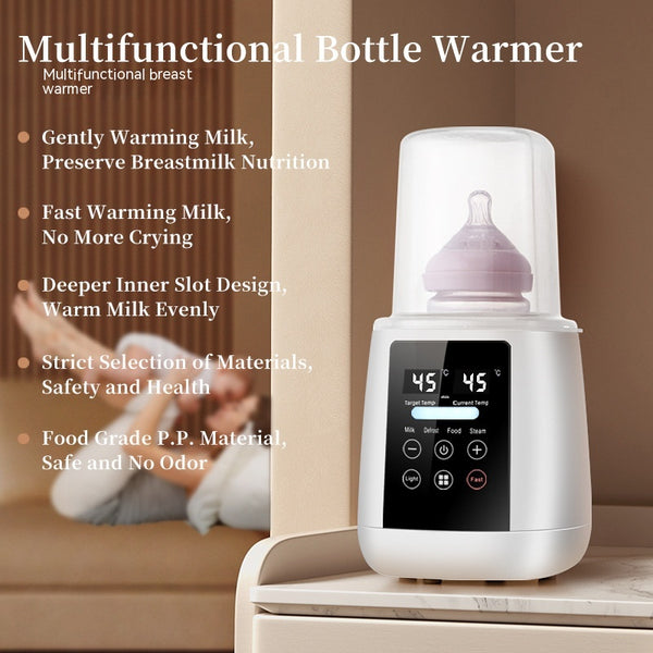 Pink multi-functional single bottle milk warmer with digital display for constant heating, defrosting, and steaming.
