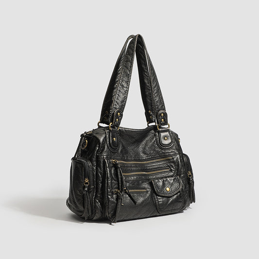 Bolso Tote de Cuero Vintage con Múltiples Cierres para Motociclista