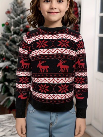 Women's black, red, and white Christmas sweater with reindeer and snowflake fair isle patterns, round neck, long sleeves. - Image 10