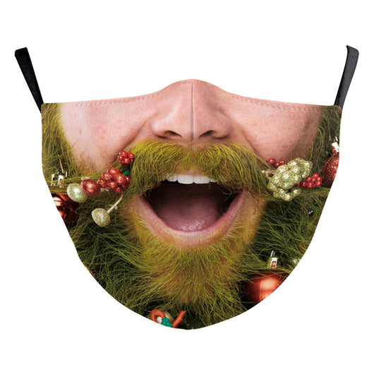 Christmas dustproof face mask with a digital print of a man's face featuring a grey beard and yellow lights. - Image 30