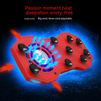 Red portable cooling mobile phone holder with a built-in fan, blue LED light, and black suction cups.