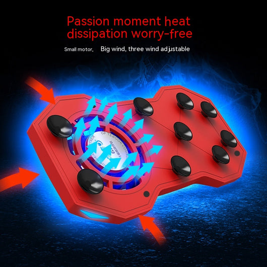 Red portable cooling mobile phone holder with a built-in fan, blue LED light, and black suction cups.