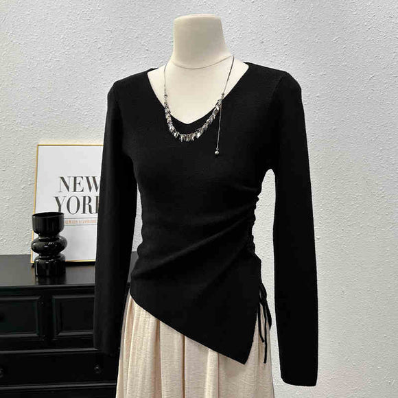 Blusa Ajustada de Manga Larga con Pliegues y Abertura Lateral
