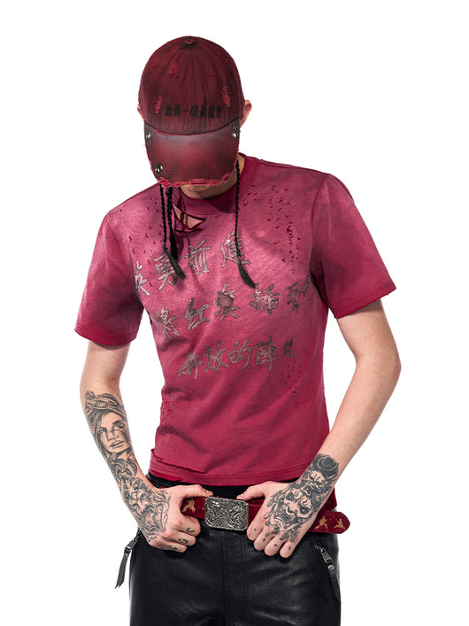 Playera Roja Slim Fit Desgastada con Efecto Lavado Sucio - Image 10