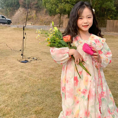 Vestido Infantil de Gasa Floral Manga Larga para Fiestas