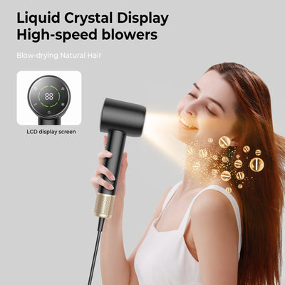 Black and gold high-power hair dryer with digital display, concentrator, and diffuser nozzles. - Image 12