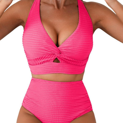 Women's teal ribbed two-piece swimsuit featuring a halter neck top with twisted front and high-waisted bottoms. - Image 5