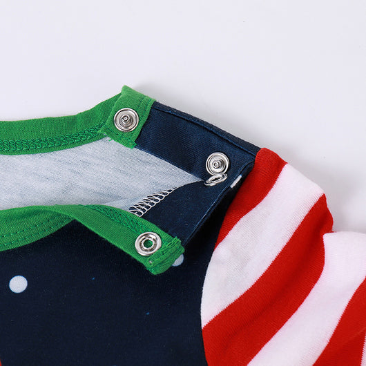 Navy blue long-sleeve pajama romper with red and white striped sleeves and a cartoon Santa Claus print. - Image 9