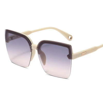 Brown rimless square sunglasses with gradient grey-pink lenses and cream temples with gold-tone accents. - Image 5