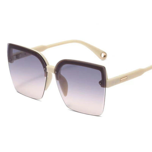 Brown rimless square sunglasses with gradient grey-pink lenses and cream temples with gold-tone accents. - Image 5