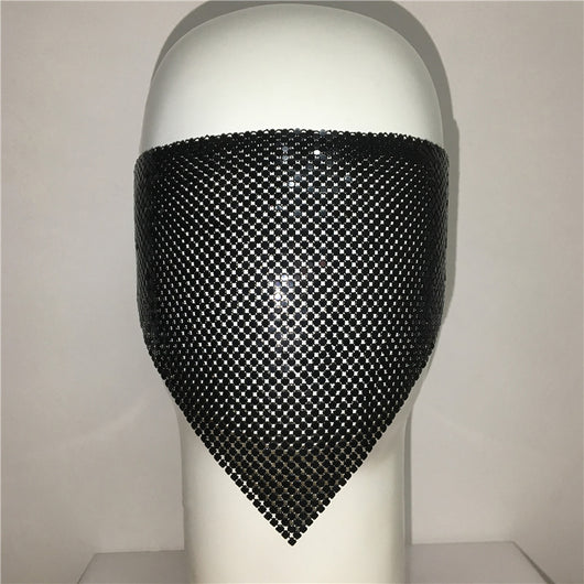 Gold rhinestone mask made of metal mesh, covering the face from the eyes to below the chin, displayed on a white mannequin head. - Image 38