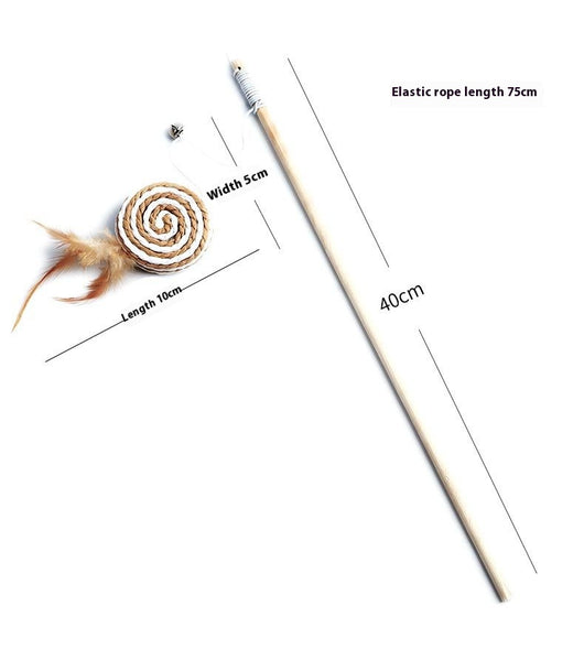 Cat teaser toy with a long wooden pole, a striped ball, brown feathers, and a small bell. - Image 27