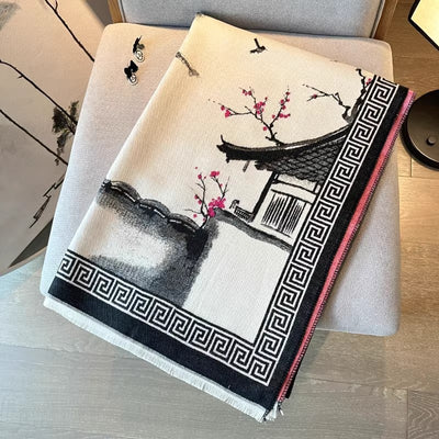 Chal Estético de Pintura China - Bufanda Cálida para Otoño e Invierno - Image 3