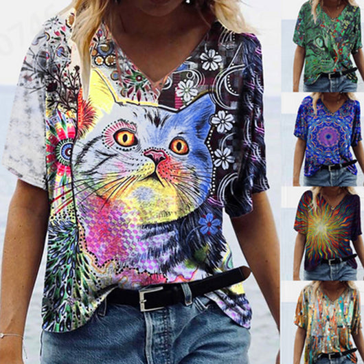 Blusa Estampada Cuello V Suelta Manga Corta para Mujer