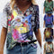 Blusa Estampada Cuello V Suelta Manga Corta para Mujer