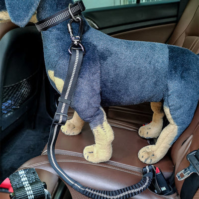 Black reflective pet car seat belt with elastic buffer, seat belt buckle, and metal carabiner clip. - Image 24