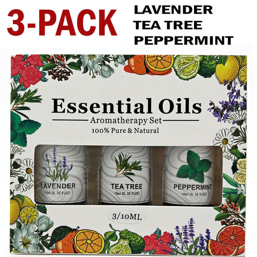3-pack essential oil set with lavender, tea tree, and peppermint scents in amber bottles and a decorative box. - Image 5