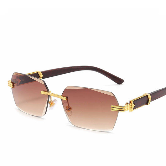Frameless sunglasses with pink gradient lenses and dark brown wood-look temples with gold-tone accents. - Image 10