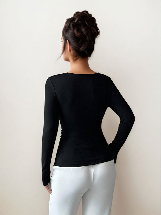 Blusa Base Plisada Cuello Oblicuo Mujer Esbeltecedora Primavera Otoño - Image 8