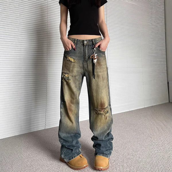 Pantalones Vaqueros Rotos Oversize Rectos de Pierna Ancha - Estilo Urbano Descontracturado
