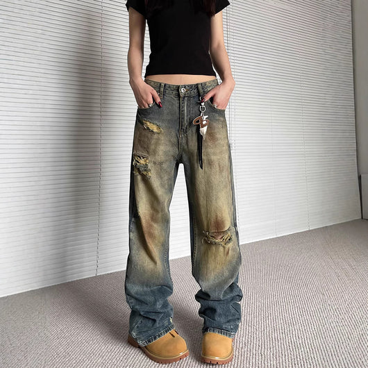 Pantalones Vaqueros Rotos Oversize Rectos de Pierna Ancha - Estilo Urbano Descontracturado