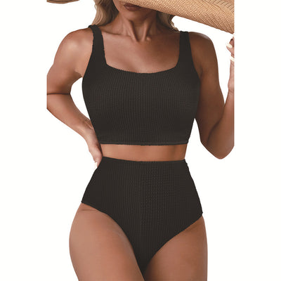 Women's black and white color block swimsuit set with a square neck crop top and high-waisted bottoms. - Image 2