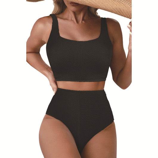 Women's black and white color block swimsuit set with a square neck crop top and high-waisted bottoms. - Image 2