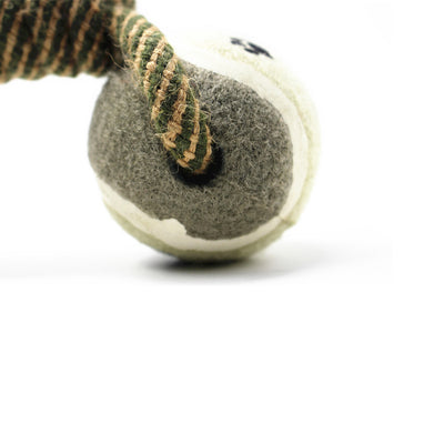 Border collie holding a cotton rope dumbbell dog toy with tennis ball ends and paw print designs. - Image 5