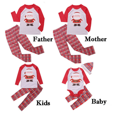 Family of five wearing matching red and grey Christmas pajamas with Santa Claus print tops and red plaid pants. - Image 4