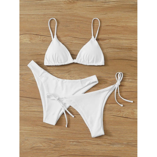Lavender three-piece bikini set with a triangle top, tie-side bottom, and high-cut bottom, displayed with a straw hat and purple sunglasses. - Image 4