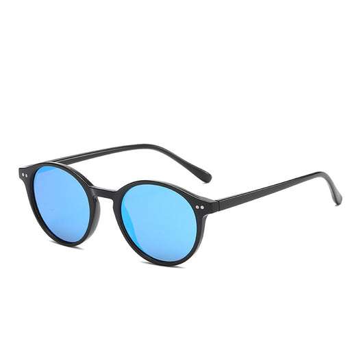 Round black full-rim sunglasses with vibrant blue polarized lenses, ideal for sun protection and fashion. - Image 17