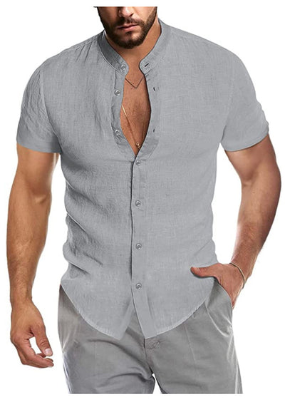 Camisa Cardigan de Lino con Cuello Alto y Manga Corta para Hombre - Image 9