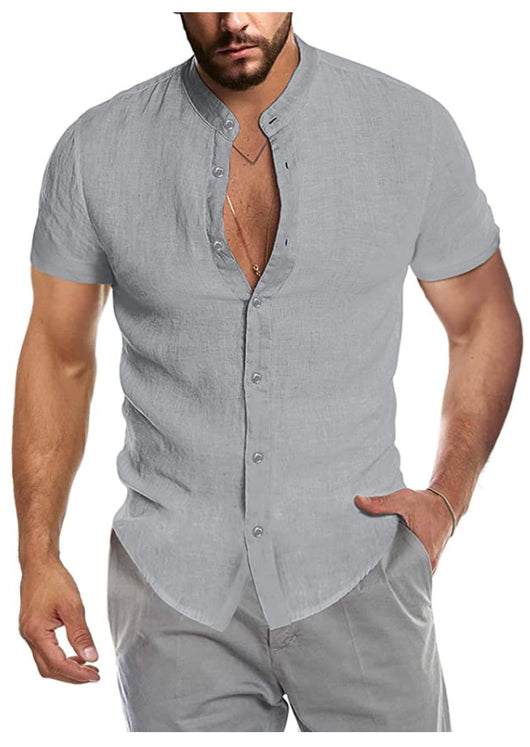 Camisa Cardigan de Lino con Cuello Alto y Manga Corta para Hombre - Image 9
