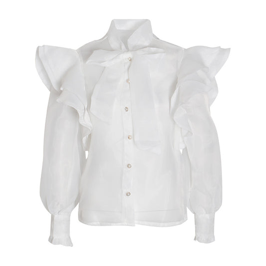Blusa Manga Larga con Moño y Volantes para Mujer - Image 2