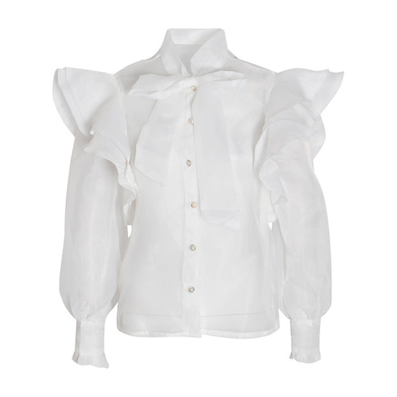 Blusa Manga Larga con Moño y Volantes para Mujer