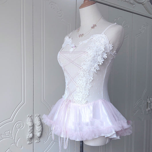 Traje de Baño Enterizo con Encaje Transparente y Falda Suspender Artesanal - Image 6