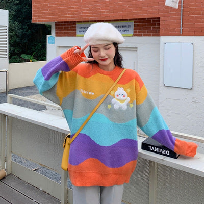 Suéter Pullover de Rayas Arcoíris Grueso para Mujer - Image 10