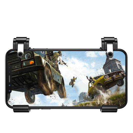 Black mobile game controller with four-finger linkage, featuring a textured grip and trigger buttons for smartphone gaming. - Image 5