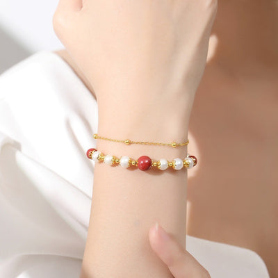Pulsera Doble Capa de Plata Esterlina con Granate Rojo y Perla de Agua Dulce para Mujer - Image 6