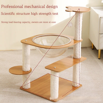 Multi-layer cat tree with a plush top bed, clear space capsule, wooden cat house, sisal scratching posts, and climbing stairs. - Image 4