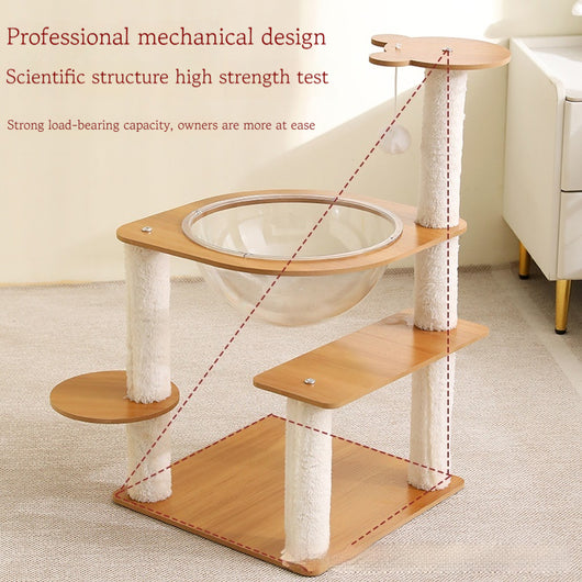 Multi-layer cat tree with a plush top bed, clear space capsule, wooden cat house, sisal scratching posts, and climbing stairs. - Image 4