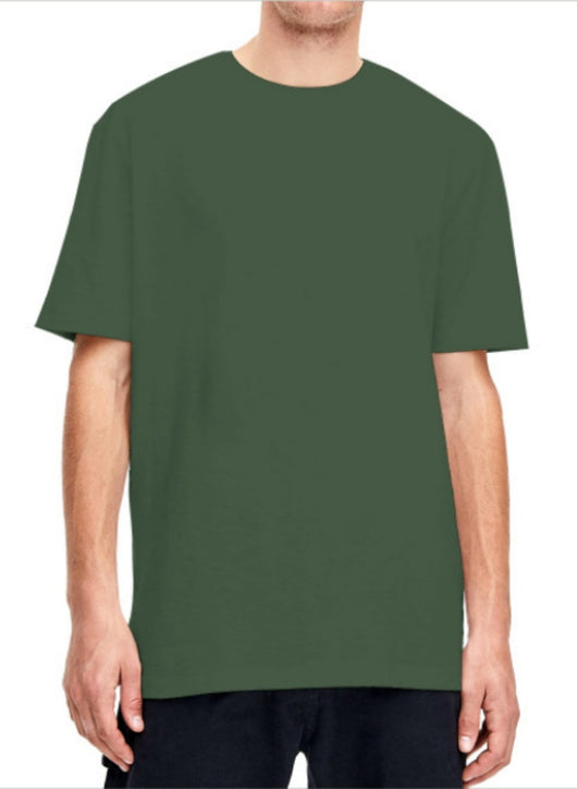 Plain light beige short-sleeved crew neck t-shirt made of cotton, shown on a model. - Image 11
